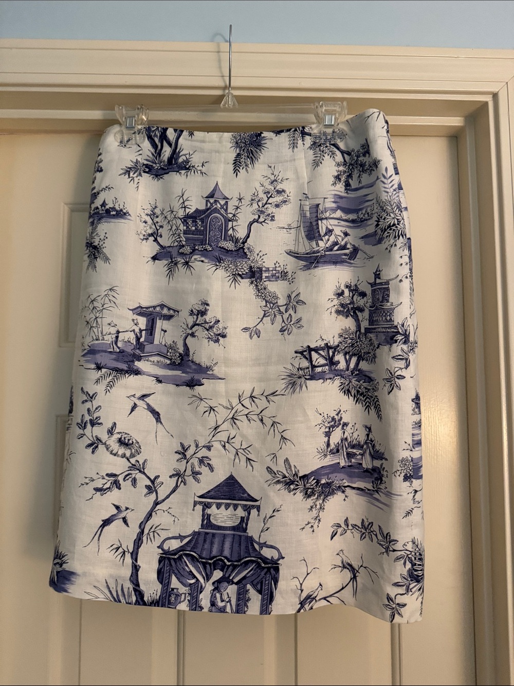 Blue & White Linen Toile Print Women’s Skirt